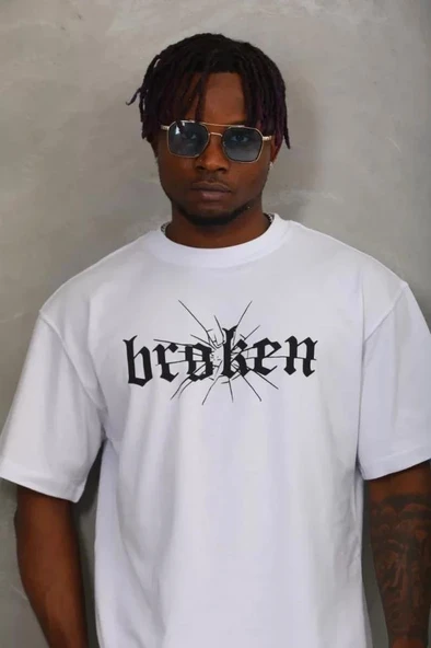 Unisex Oversize Baskılı Bisiklet Yaka T-Shirt - Beyaz - Resim 3