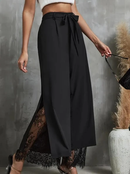 Kadın Yüksek Bel Belden Kuşaklı üst Dalgıç Alt Dantel Detaylı Dalgıç Pantolon Takım - Resim 7