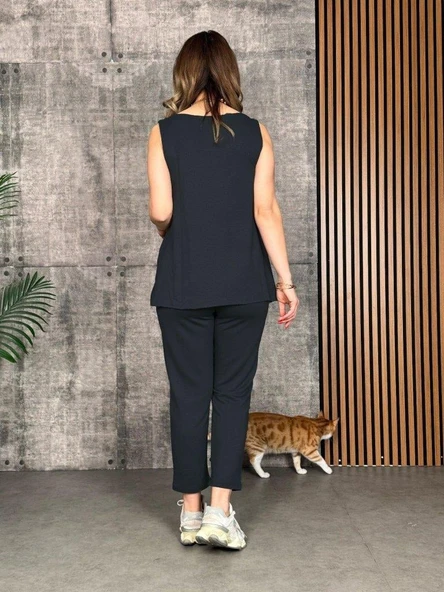 Kadın Askılı Yuvarlak Yaka Viskon Iki Iplik Bluz Ve Eşofman Altı Ikili Takım - Resim 3