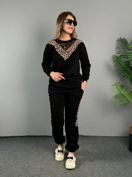Kadın üç Iplik Kumaş Leopar Desenli Dantel Detaylı Ikili Takım - Resim 3
