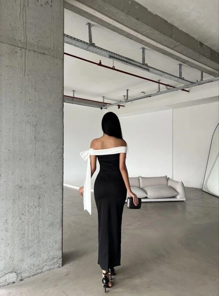 Kadın Madonna Yaka Skuba Krep Kumaş Kurdale Detay Elbise - Resim 2