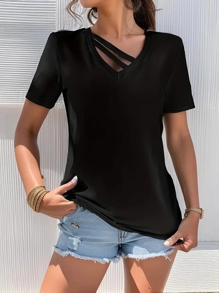 Kadın Kısa Kollu V Yaka şerit Detay Viskon Bluz - Resim 4