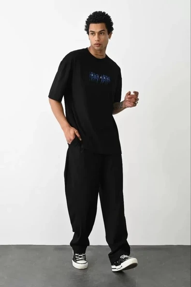 Unisex Baskılı Oversize T-Shirt - Siyah - Resim 3