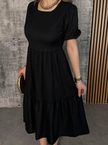 Kadın Kısa Kollu Yakası Açık Katlı Bürümcük Balon Elbise - Resim 2