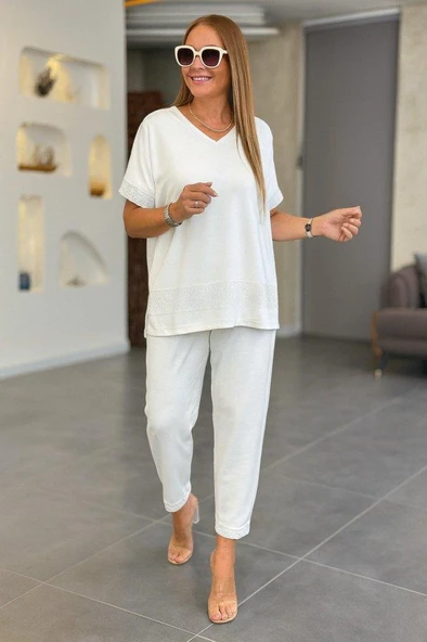 Kadın Kısa Kollu V Yakalı Pul Payetli Viskon Iki Iplik Bluz Ve Pantolon Ikili Takım - Resim 3