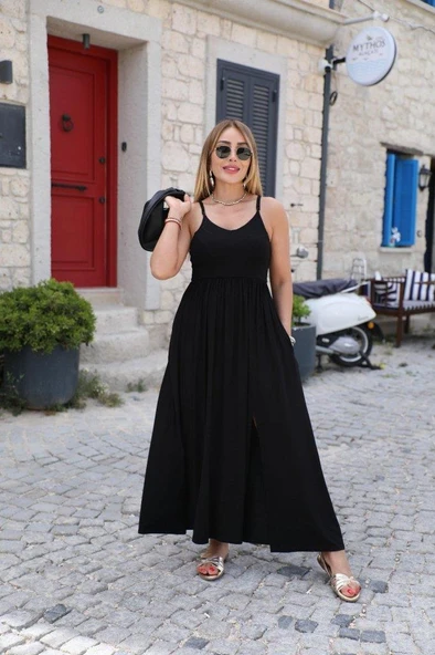 Kadın Sırttan çapraz Bağcıklı Yırtmaçlı Cepli Viskon Elbise - Resim 3