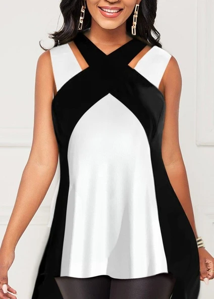 Kadın Askılı Boyundan çapraz Halter Yakalı çift Renkli Viskon Bluz - Resim 2