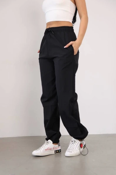 Praşut Kumaş Paça Cepli Baggy Eşofman - Siyah - Resim 2