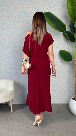 Kadın Kısa Kollu Tek Omuzdan Açık Beli Lastikli Sandy Maxi Elbise - Resim 4