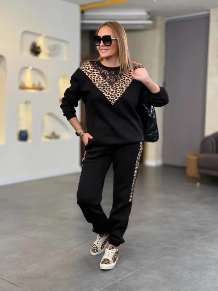 Kadın üç Iplik Kumaş Leopar Desenli Dantel Detaylı Ikili Takım - Resim 8