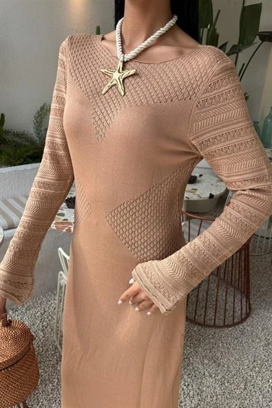 Ajur Detaylı Bisiklet Yaka Triko Elbise 2861 - Resim 5