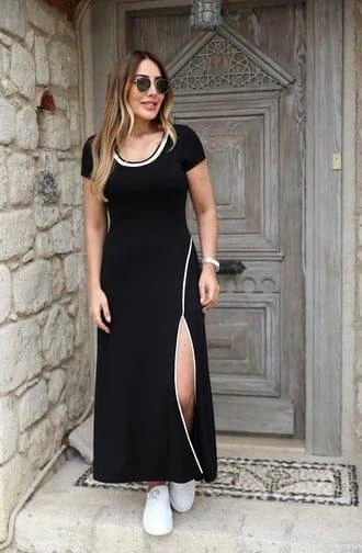 Kadın Yuvarlak Ribana Yaka Beyaz Yırtmaç Detaylı Viskon Tam Boy Elbise - Resim 3