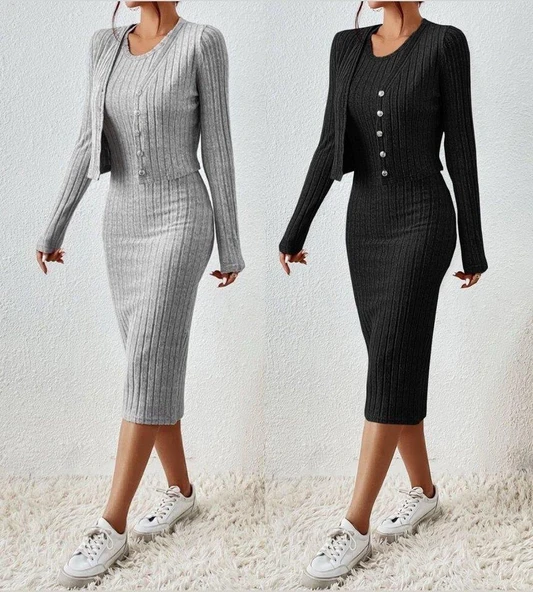 Kadın Uzun Kollu şardonlu Kaşkorseönü Düğmeli Mini Boy Elbise Ikili Takım - Resim 8