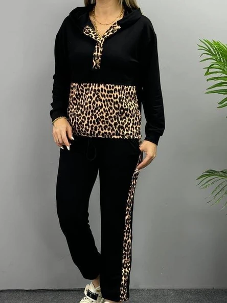 Kadın Uzun Kollu Leopar Detay Sweat Ve Yanı Leopar şerit Detay Pantolon Ikili Takım - Resim 6