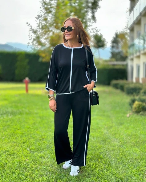 Kadın Bisiklet Yaka Truvakar Kol Biye Detay Bluz Ve Yüksek Bel Lastikli Pantolon Ikili Takım ürün görseli