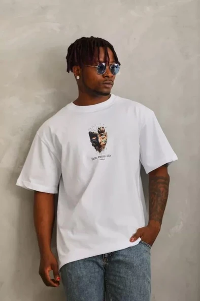 Unisex Oversize Baskılı Bisiklet Yaka T-Shirt - Beyaz ürün görseli