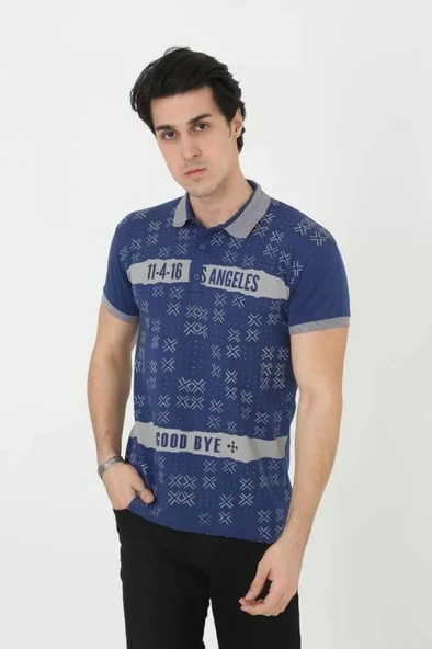 Erkek Yakalı Slim Fit Baskılı T-Shirt - Mavi - Resim 3