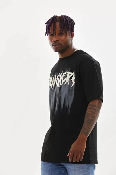 Unisex Baskılı Oversize T-Shirt - Siyah - Resim 3