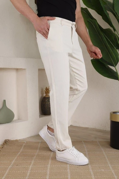 Erkek Casual Slim Fit Cord Desenli Kumaş Pantolon - Resim 2