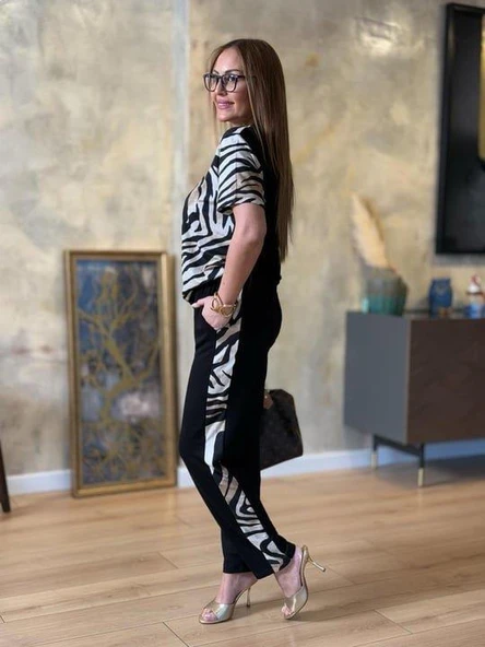 Kadın Bisiklet Yaka Kısa Kol Leopar Desen Bluz Ve Pantolon Ikili Takım - Resim 2