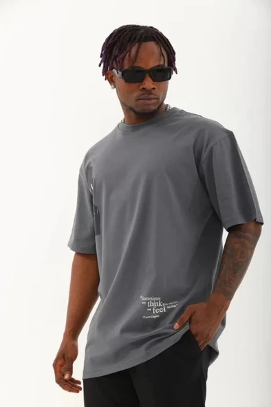 Unisex Oversize Baskılı Bisiklet Yaka T-Shirt - Füme - 2