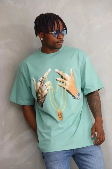 Unisex Baskılı Oversize T-Shirt - Mint Yeşili ürün görseli