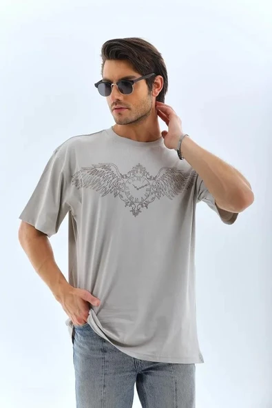 Unisex Oversize Taşlı Bisiklet Yaka T-Shirt - Gri - Resim 3