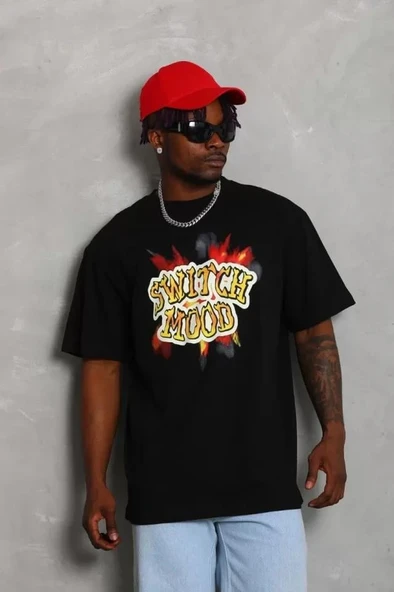 Unisex Oversize Baskılı Bisiklet Yaka T-Shirt - Siyah ürün görseli