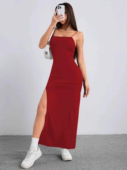 Kadın Ip Askılı Yandan Yırtmaçlı Janjan Krep Elbise ürün görseli