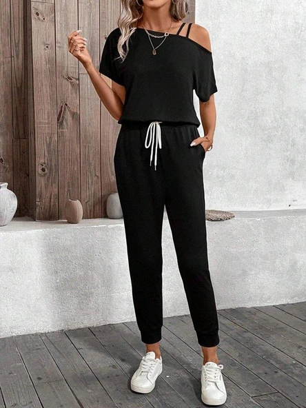 Kadın Tek Omuzdan Açık Viskon Iki Iplik Bluz Bağcıklı Pantolon Ikili Takım - Resim 4