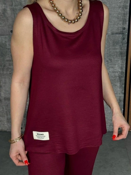 Kadın Askılı Yuvarlak Yaka Viskon Iki Iplik Bluz Ve Eşofman Altı Ikili Takım - Resim 2