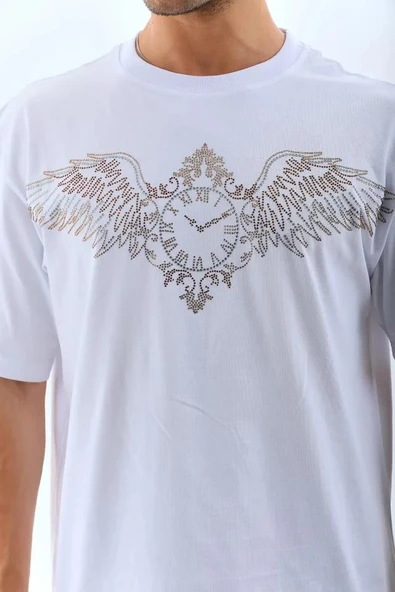 Unisex Oversize Taşlı Bisiklet Yaka T-Shirt - Beyaz ürün görseli