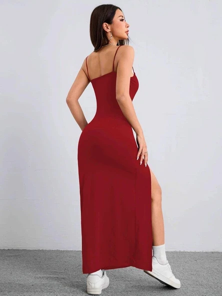 Kadın Ip Askılı Yandan Yırtmaçlı Janjan Krep Elbise - Resim 10