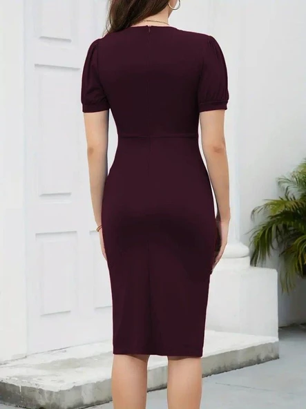 Kadın Kısa Kollu V Yakalı önden Fırfırlı Ithal Krep Elbise - Resim 4