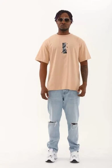 Unisex Oversize Baskılı Bisiklet Yaka T-Shirt - Bej - Resim 3