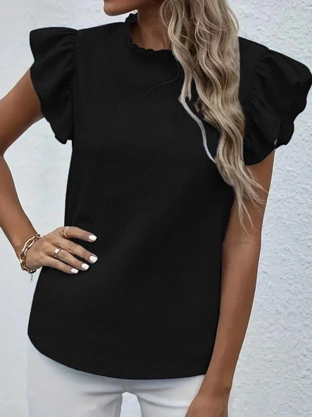 Kadın Kısa Kollu Fırfır Yakalı Bürümcük Bluz - Resim 5