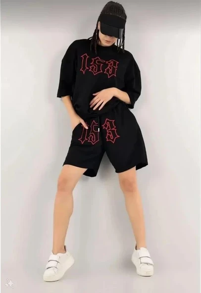 Unisex Nakış İşlemeli Şort Takım - Siyah - Resim 2