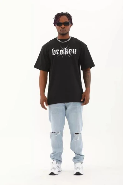 Unisex Oversize Baskılı Bisiklet Yaka T-Shirt - Siyah - Resim 3