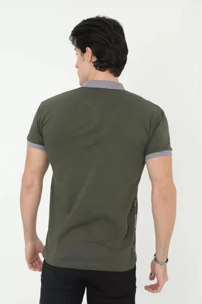 Erkek Yakalı Slim Fit Baskılı T-Shirt - Haki - Resim 2
