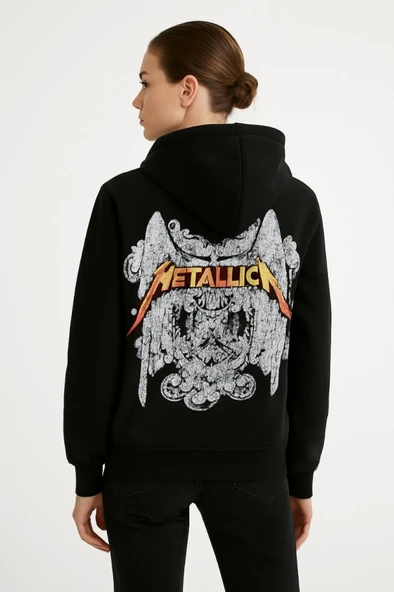 Metallica İki İplik Kapüşonlu Ön Ve Arka Baskılı Hoodie - Siyah - Resim 4