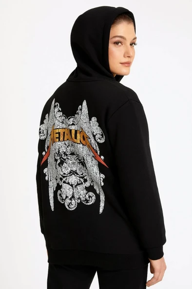 Metallica İki İplik Kapüşonlu Ön Ve Arka Baskılı Hoodie - Siyah - Resim 3