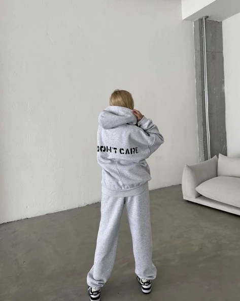 Nakış İşlemeli Üç İplik Sweat Takım- Gri - Resim 4