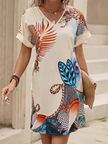 Kadın Kısa Kollu V Yakalı Desenli Mini Atlas Elbise - Resim 3