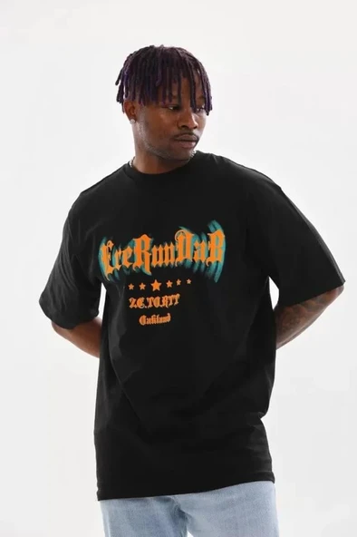 Unisex Baskılı Oversize T-Shirt - Siyah - Resim 3