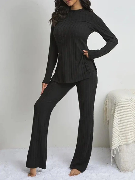 Kadın Uzun Kollu şardonlu üst Uzun Yanları Yırtmaçlı Alt Ispanyol Kaşkorse Ikili Takım - Resim 2