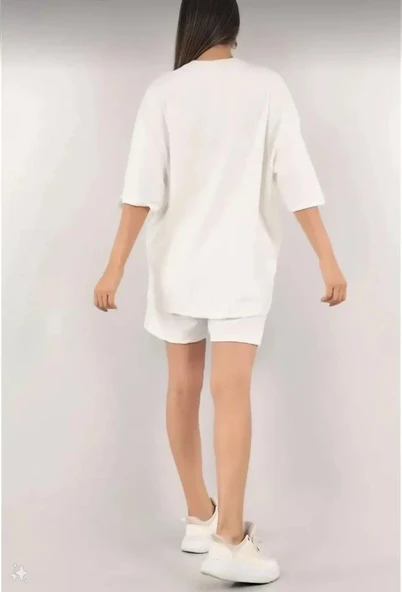 Unisex Nakış İşlemeli Şort Takım - Beyaz - Resim 4