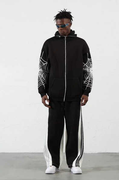 Üç İplik Baskılı Fermuarlı Kapşonlu Hırka - Siyah - 2