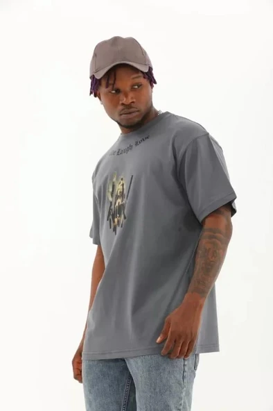 Unisex Oversize Baskılı Bisiklet Yaka T-Shirt - Füme ürün görseli