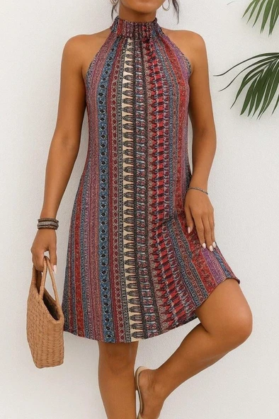 Kadın Kolsuz Boyundan Askılı Desenli Midi Süprem Elbise - Resim 2