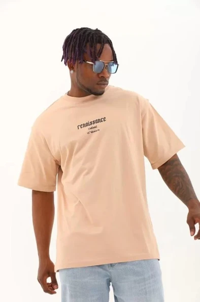 Unisex Oversize Baskılı Bisiklet Yaka T-Shirt - Bej - Resim 2